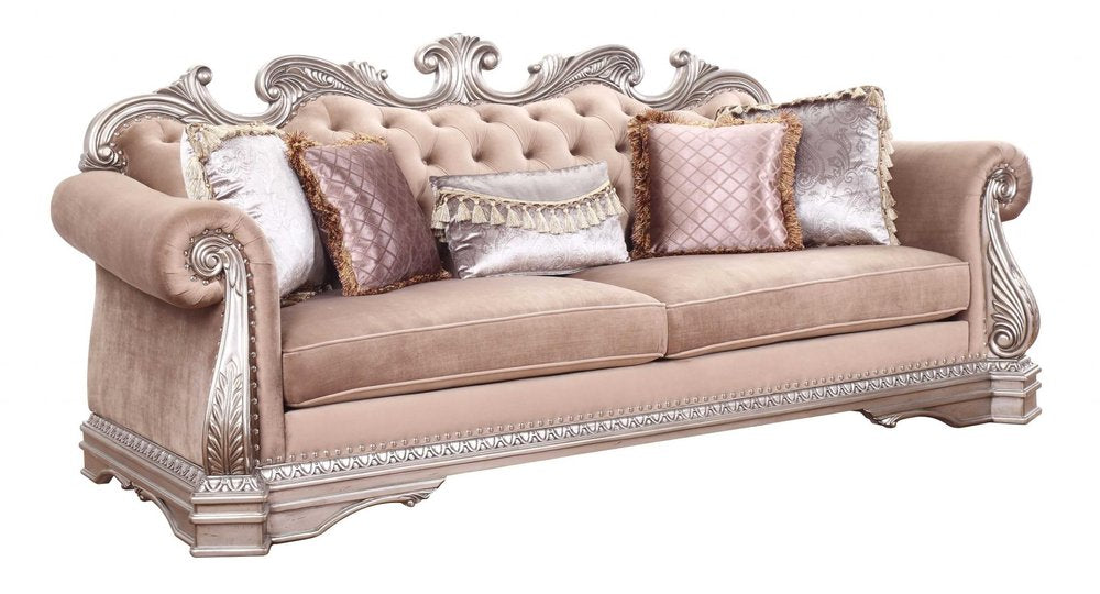 Rosegold Velvet Sofa and Toss Pillows with Silver Legs - 42-inch