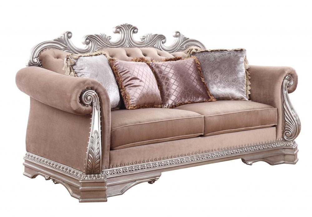 Champagne Velour Loveseat and Toss Pillows - 80-inch