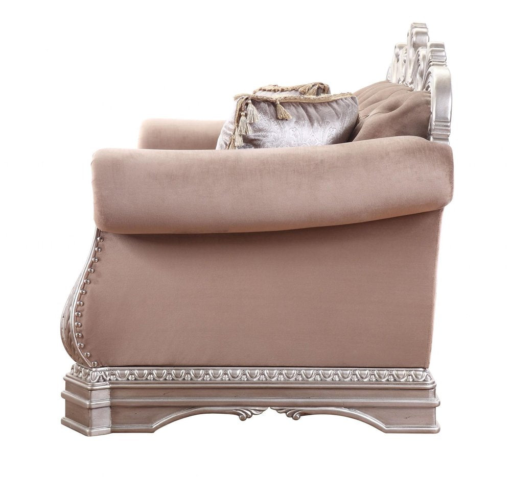 Champagne Velour Loveseat and Toss Pillows - 80-inch