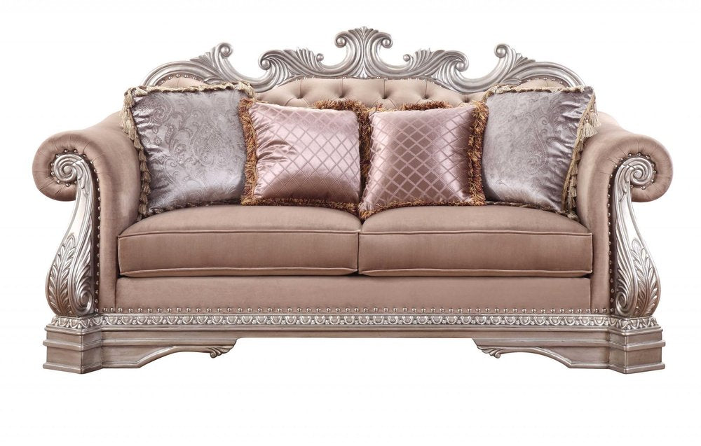 Champagne Velour Loveseat and Toss Pillows - 80-inch