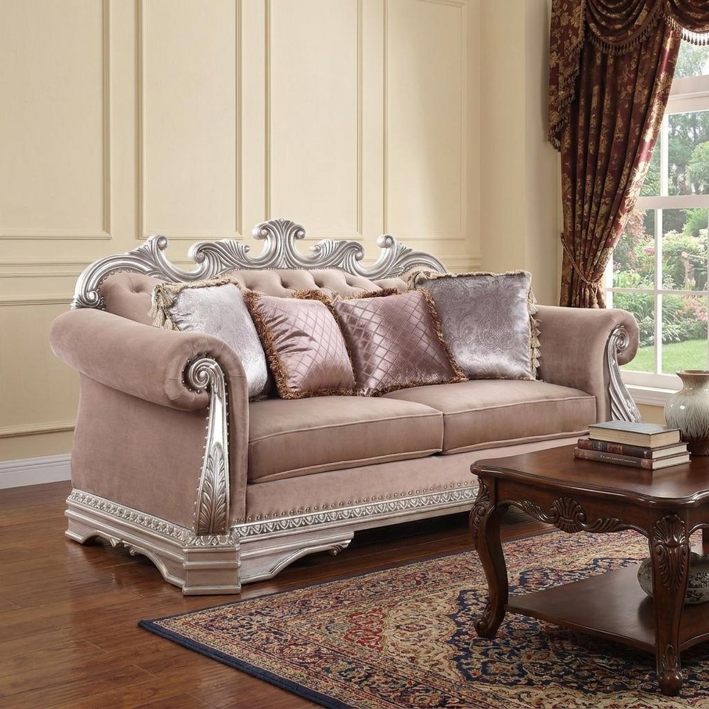 Champagne Velour Loveseat and Toss Pillows - 80-inch