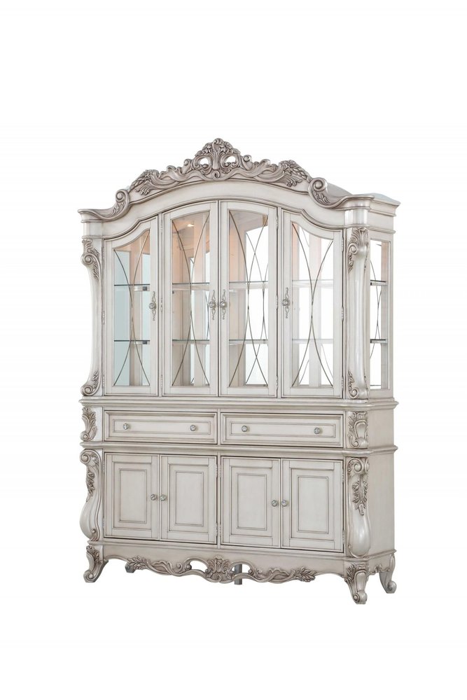Antique White Wood Glass Mirror Hutch Buffet - 24 X 75 X 106-inch