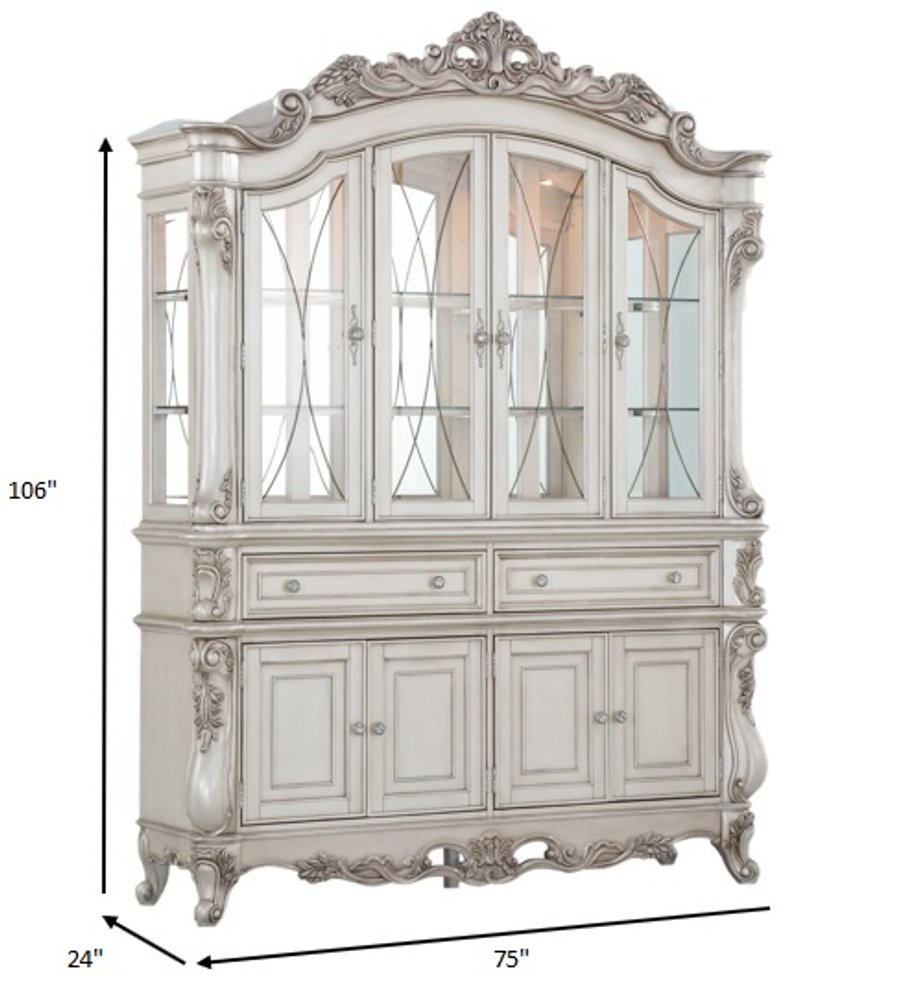 Antique White Wood Glass Mirror Hutch Buffet - 24 X 75 X 106-inch