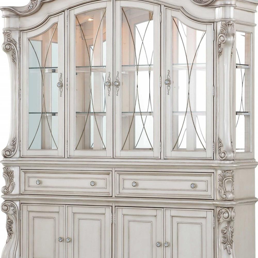 Antique White Wood Glass Mirror Hutch Buffet - 24 X 75 X 106-inch