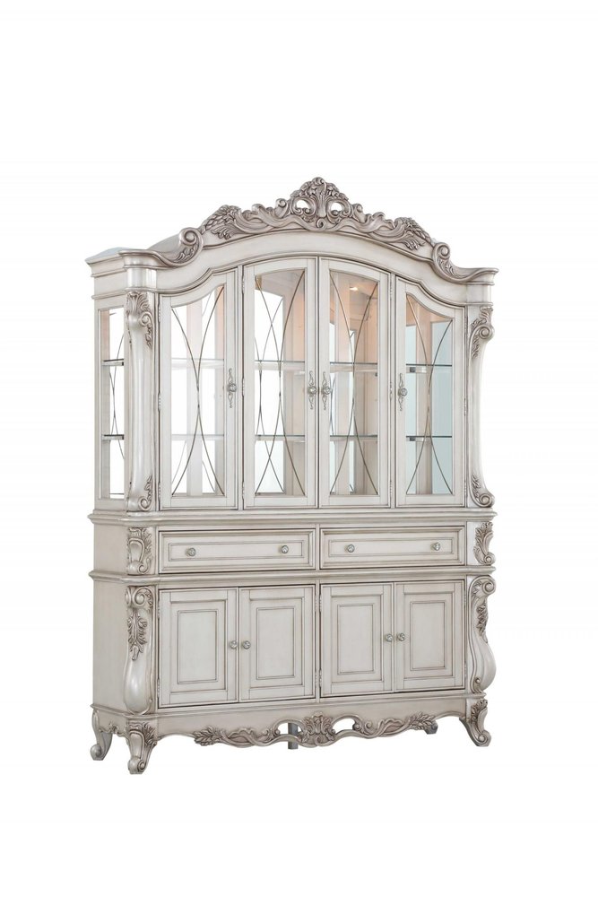 Antique White Wood Glass Mirror Hutch Buffet - 24 X 75 X 106-inch