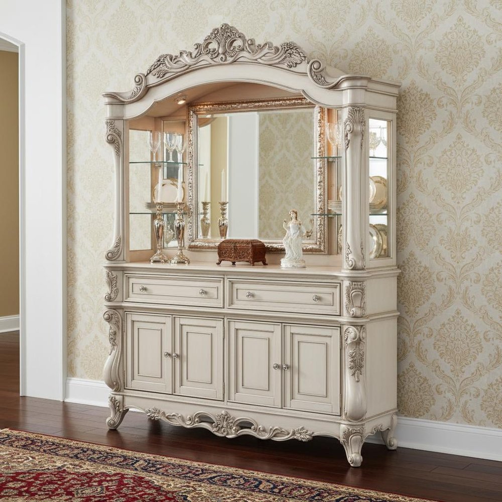 Antique White Wood Glass Mirror Hutch Buffet - 24 X 75 X 106-inch