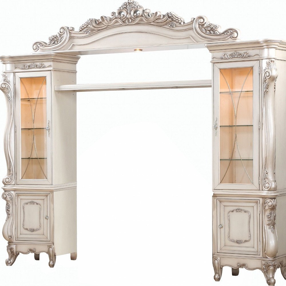 Antiqued White and Clear Distressed Solid Wood and Wood Textured Door Entertainment Center with Four Doors