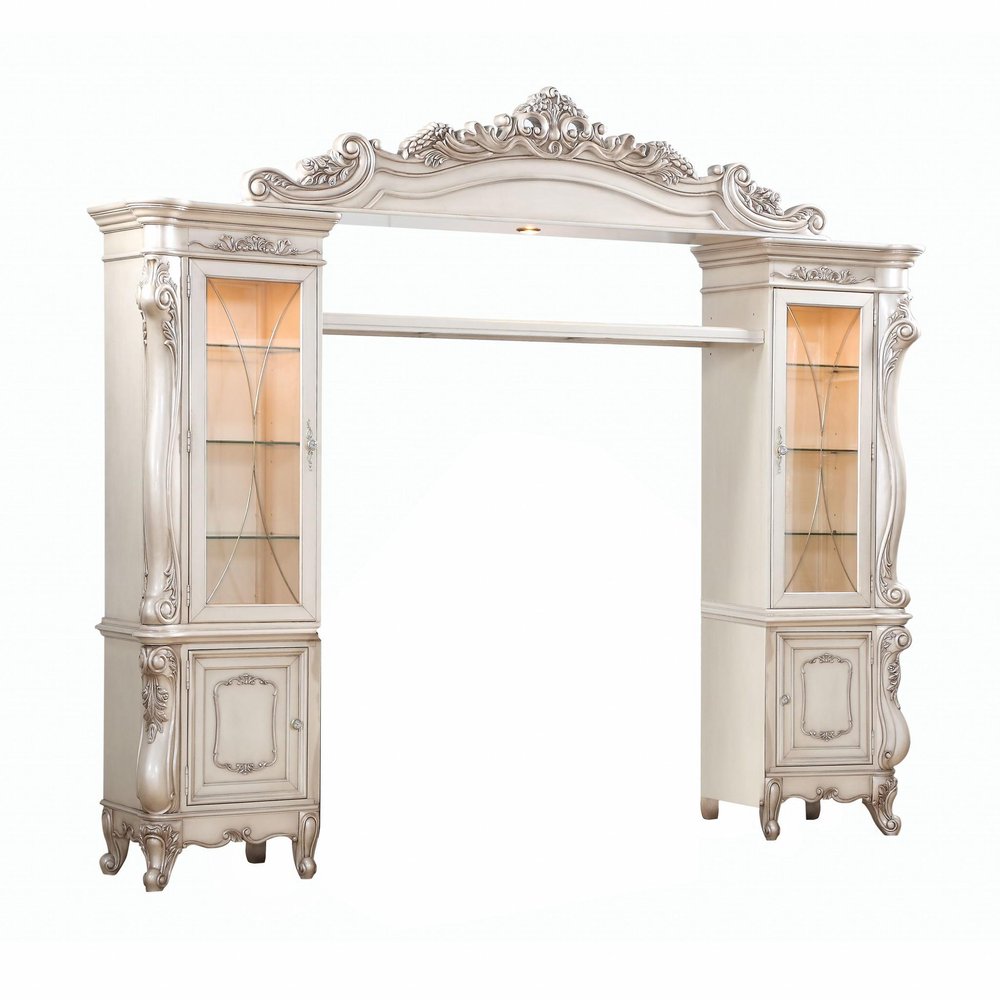 Antiqued White and Clear Distressed Solid Wood and Wood Textured Door Entertainment Center with Four Doors