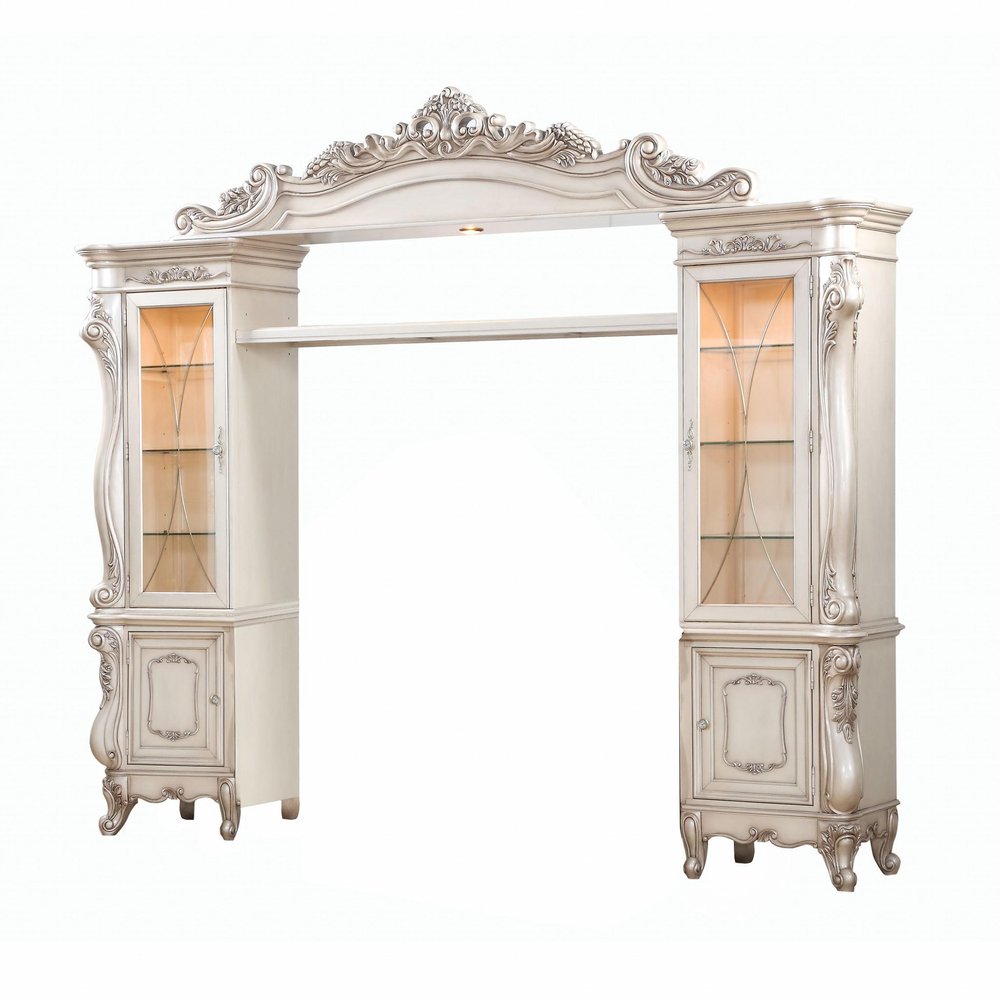 Antiqued White and Clear Distressed Solid Wood and Wood Textured Door Entertainment Center with Four Doors