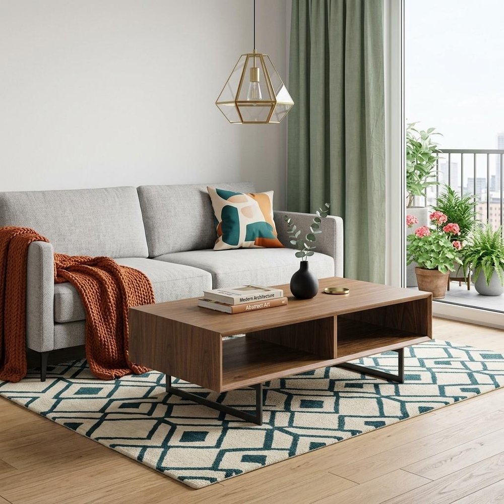 Brown and Black Wood and Metal Sled Coffee Table with Two Shelves