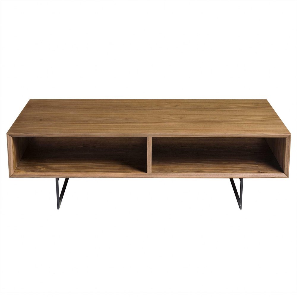 Brown and Black Wood and Metal Sled Coffee Table with Two Shelves