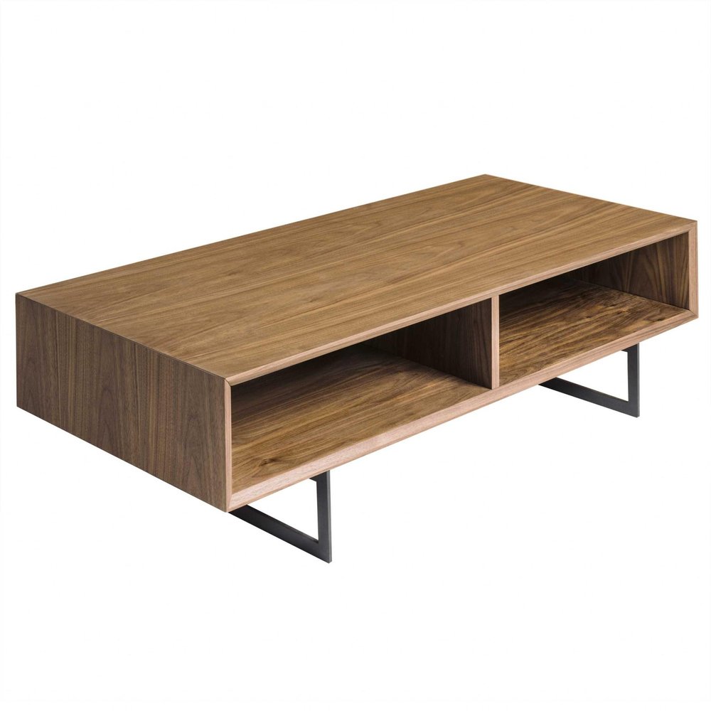 Brown and Black Wood and Metal Sled Coffee Table with Two Shelves
