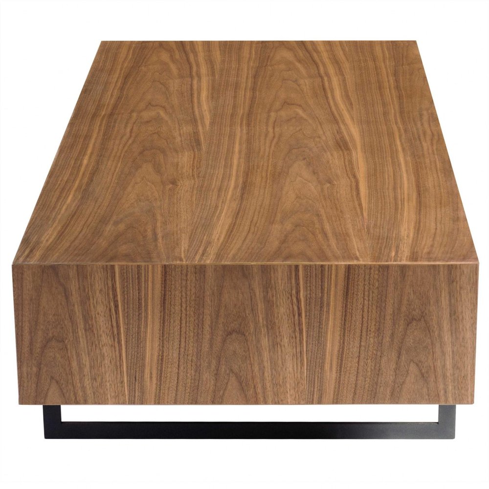 Brown and Black Wood and Metal Sled Coffee Table with Two Shelves