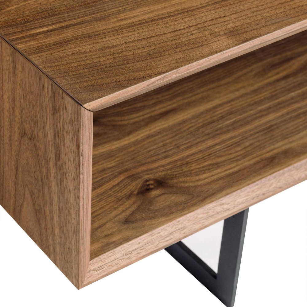 Brown and Black Wood and Metal Sled Coffee Table with Two Shelves