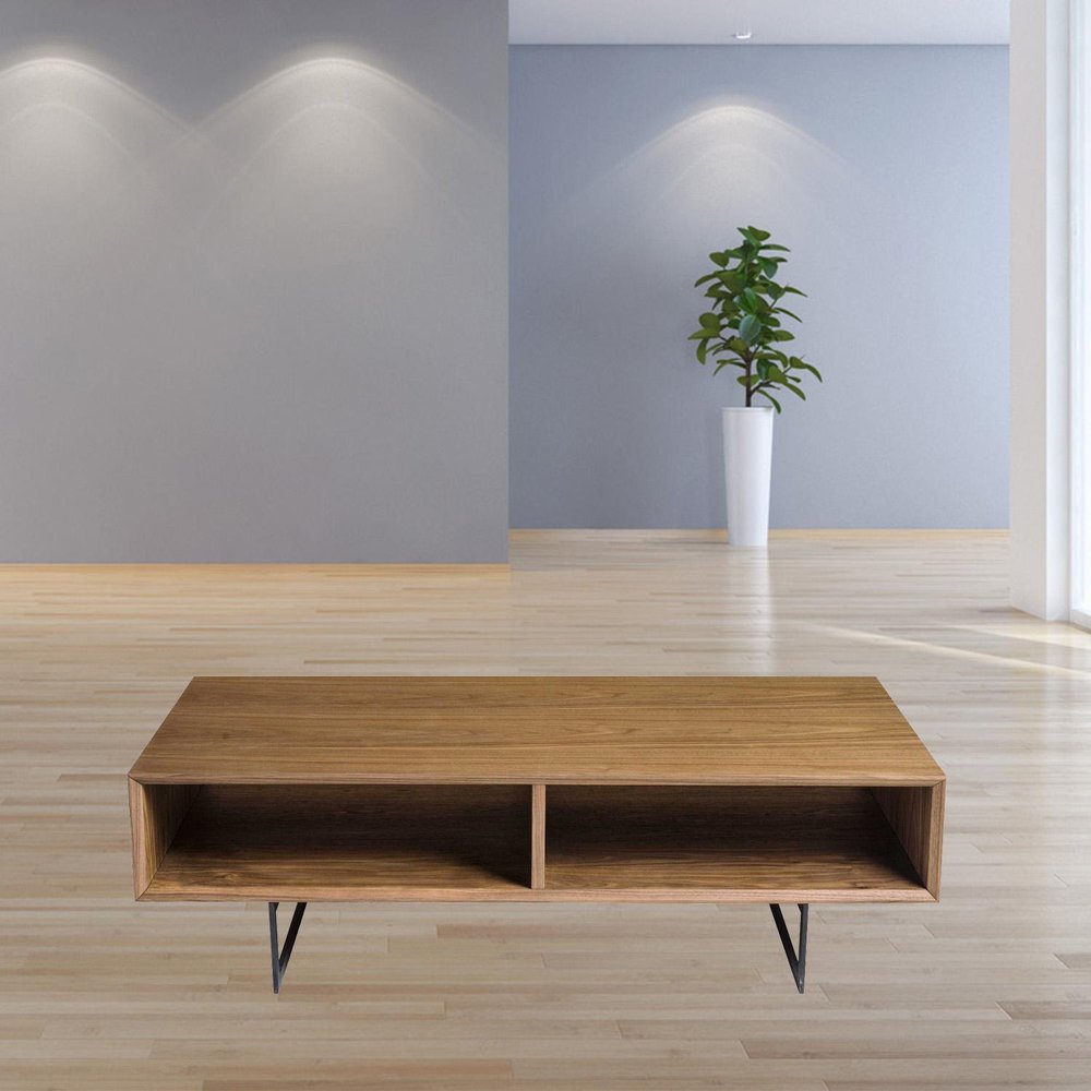 Brown and Black Wood and Metal Sled Coffee Table with Two Shelves