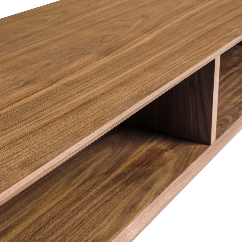 Brown and Black Wood and Metal Sled Coffee Table with Two Shelves