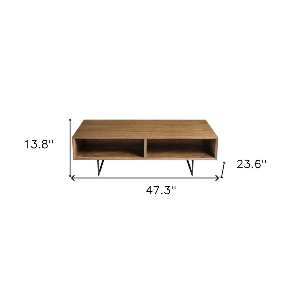 Brown and Black Wood and Metal Sled Coffee Table with Two Shelves