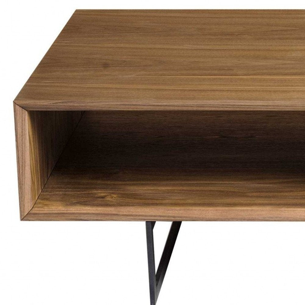 Brown and Black Wood and Metal Sled Coffee Table with Two Shelves