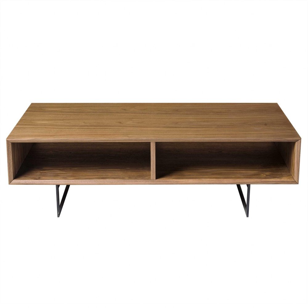 Brown and Black Wood and Metal Sled Coffee Table with Two Shelves