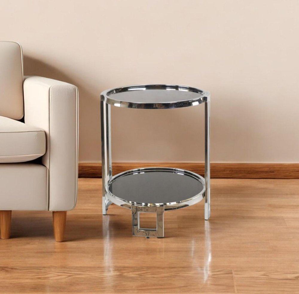Silver Glass Round Mirrored End Table with Shelf - 22-inch