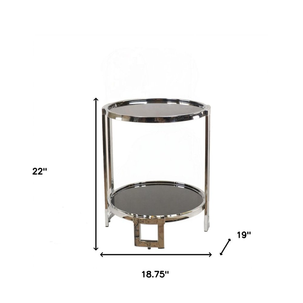Silver Glass Round Mirrored End Table with Shelf - 22-inch