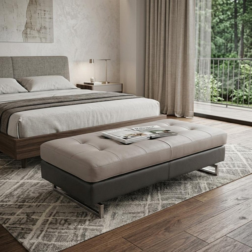Taupe Brown and Silver Faux Leather Tufted Ottoman - 63-inch