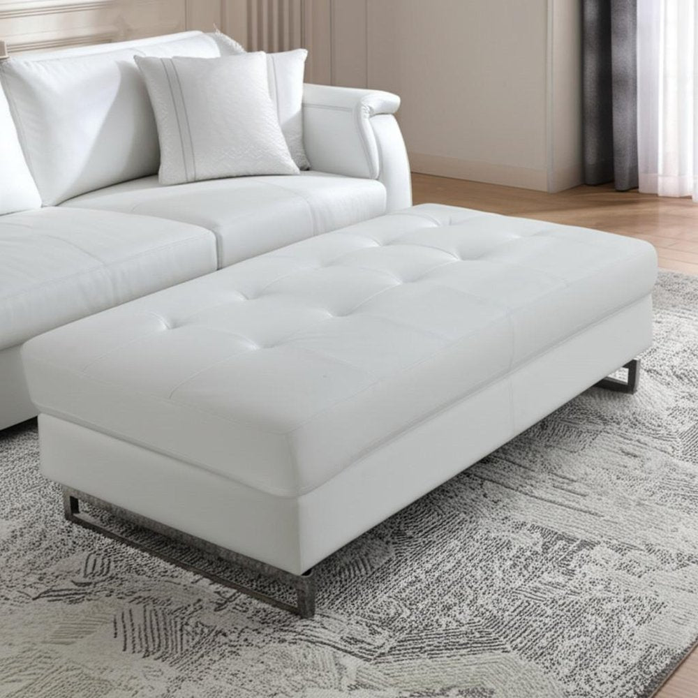 White and Silver Faux Leather Ottoman - 63-inch Ottomans