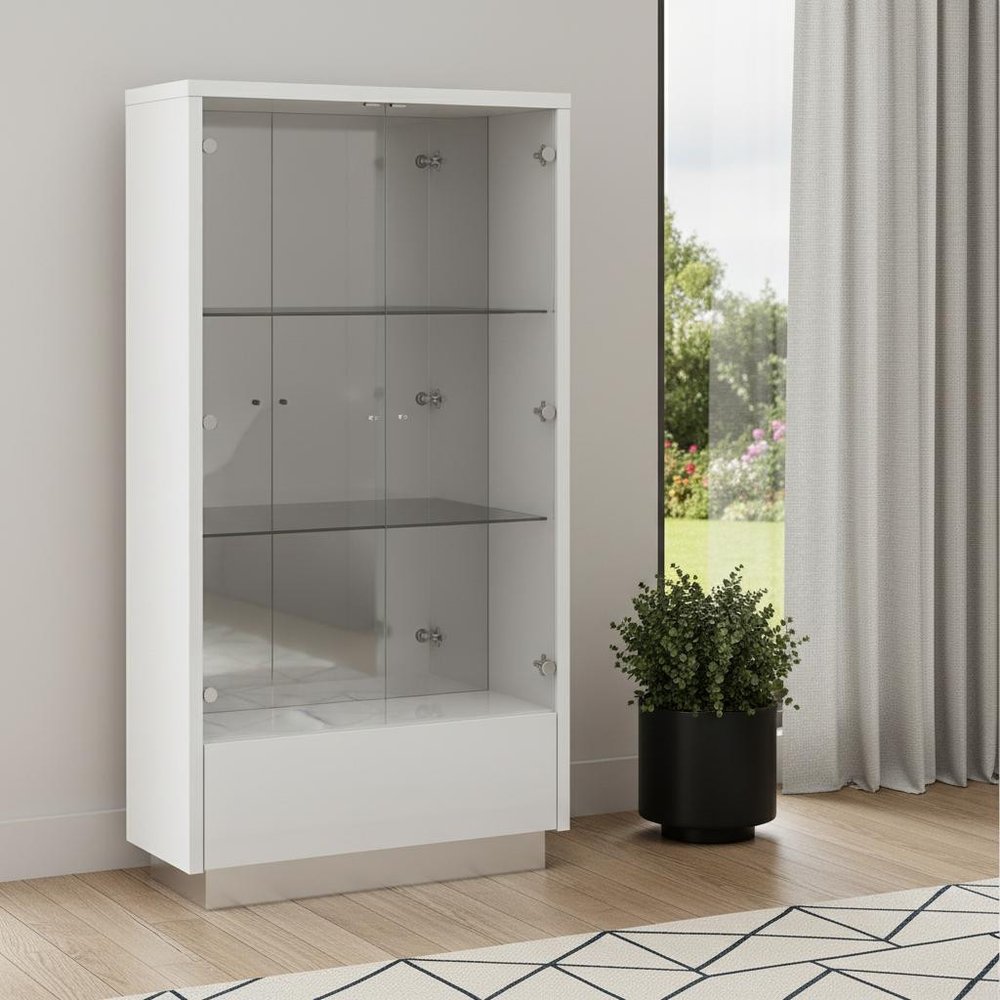White and Silver Wood Curio Cabinet with Two Doors and One Drawer - 50-inch