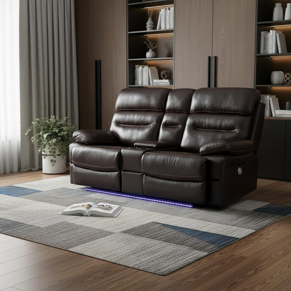 Brown Faux Leather Power Reclining Love Seat with Storage - 78-inch