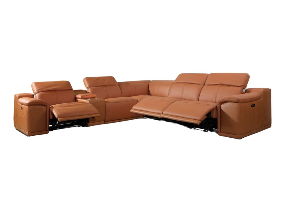 Camel Italian Leather Power Reclining U Shaped Six Piece Corner Sectional with Console