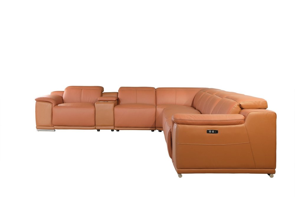 Camel Italian Leather Power Reclining U Shaped Seven Piece Corner Sectional with Console