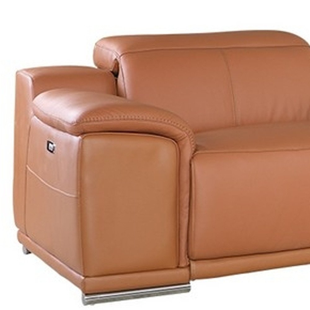 Camel Italian Leather Power Reclining U Shaped Seven Piece Corner Sectional with Console