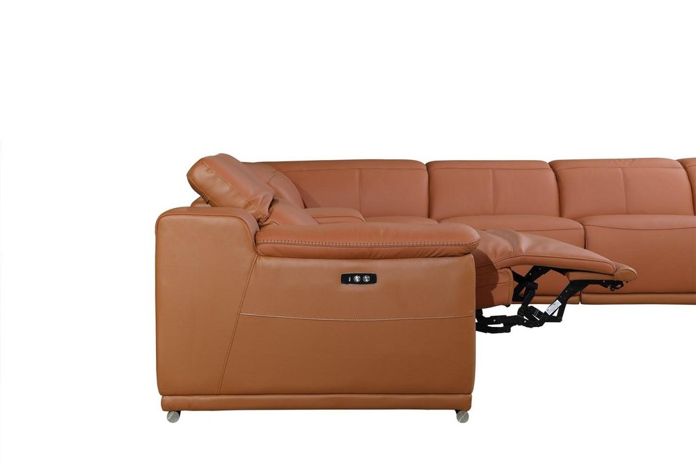 Camel Italian Leather Power Reclining U Shaped Eight Piece Corner Sectional with Console
