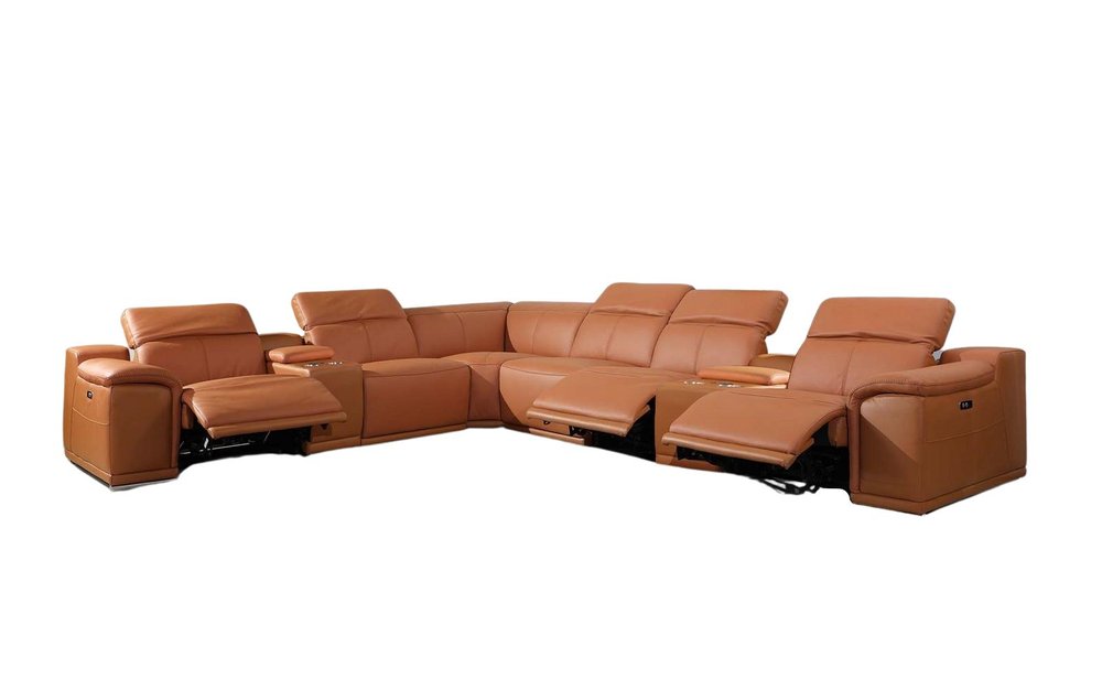 Camel Italian Leather Power Reclining U Shaped Eight Piece Corner Sectional with Console