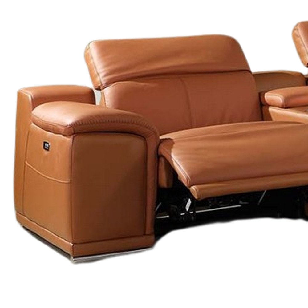 Camel Italian Leather Power Reclining U Shaped Eight Piece Corner Sectional with Console
