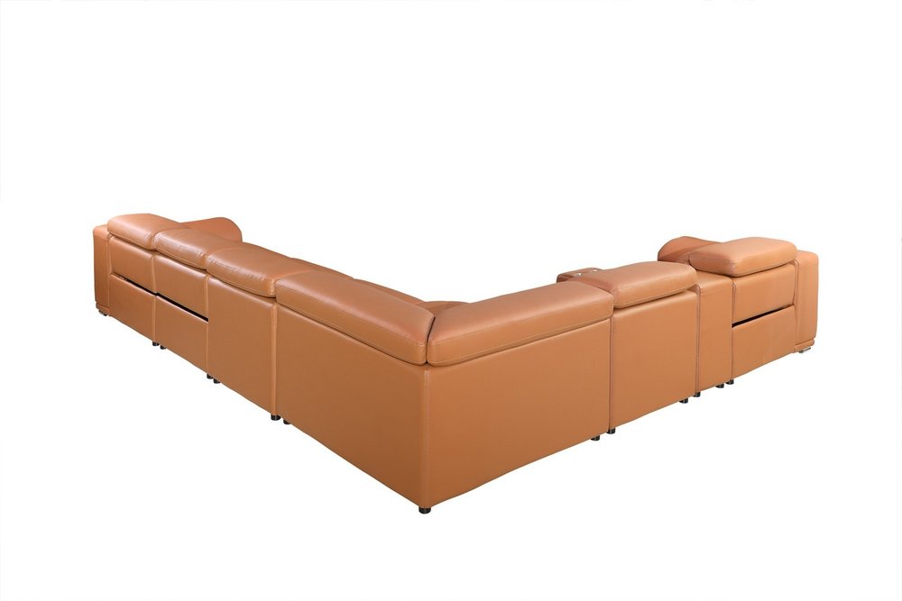 Camel Italian Leather Power Reclining U Shaped Eight Piece Corner Sectional with Console