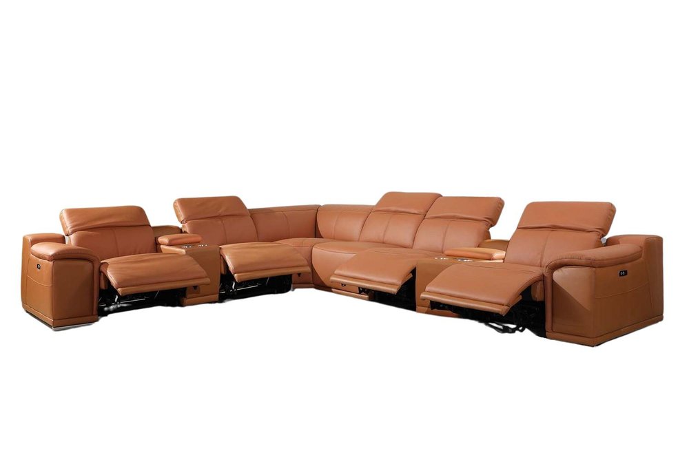 Camel Italian Leather Power Reclining U Shaped Eight Piece Corner Sectional with Console