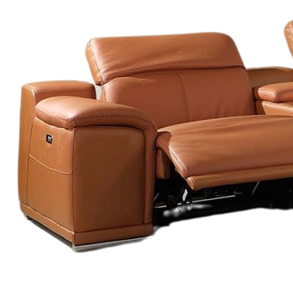 Camel Italian Leather Power Reclining U Shaped Eight Piece Corner Sectional with Console