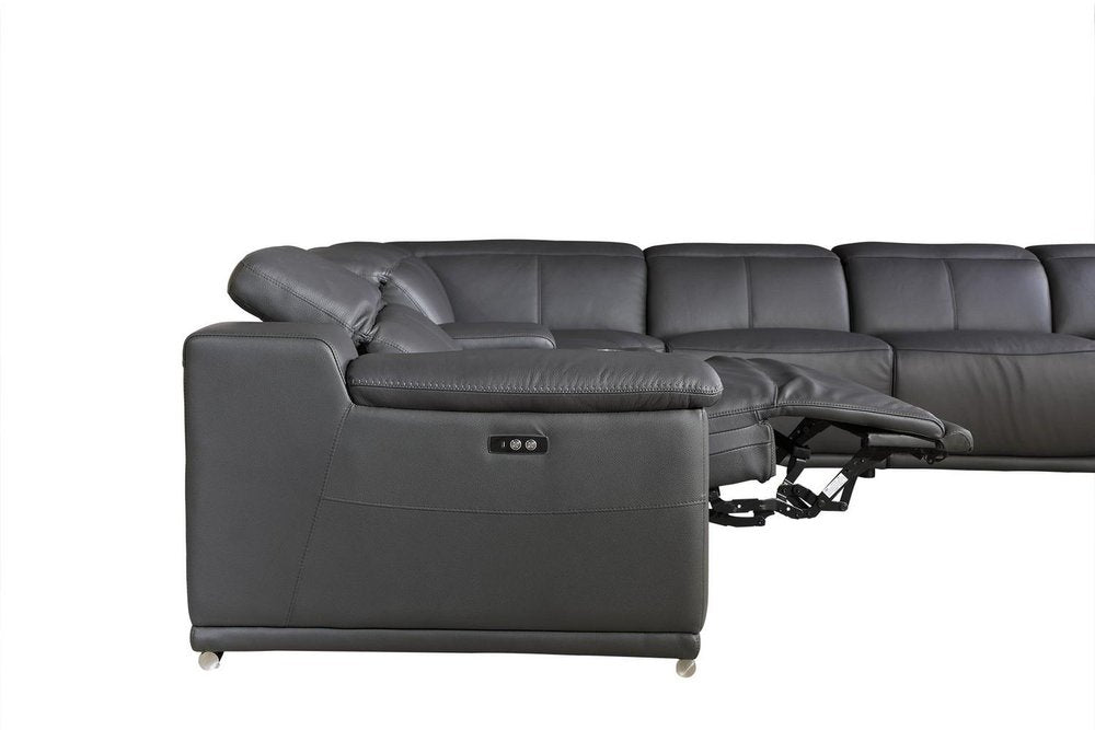Gray Italian Leather Power Reclining U Shaped Six Piece Corner Sectional with Console