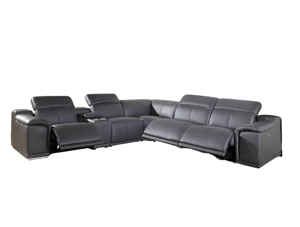 Gray Italian Leather Power Reclining U Shaped Six Piece Corner Sectional with Console