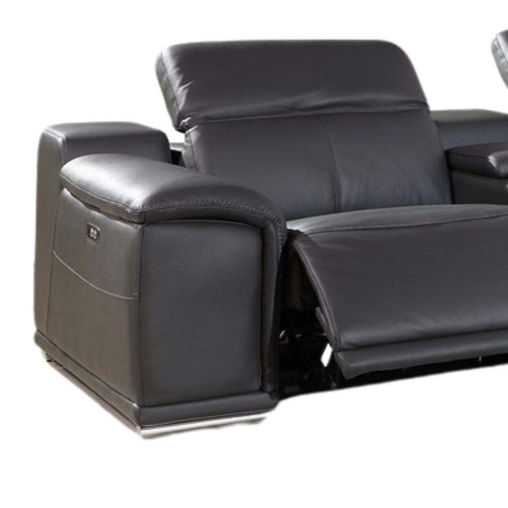 Gray Italian Leather Power Reclining U Shaped Six Piece Corner Sectional with Console
