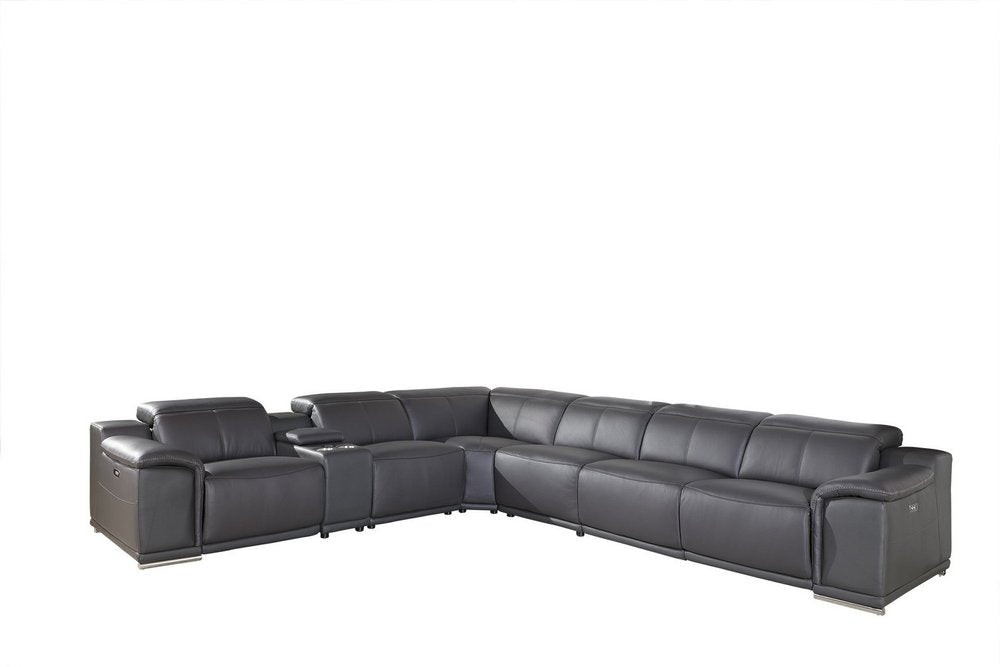 Gray Italian Leather Power Reclining U Shaped Seven Piece Corner Sectional with Console