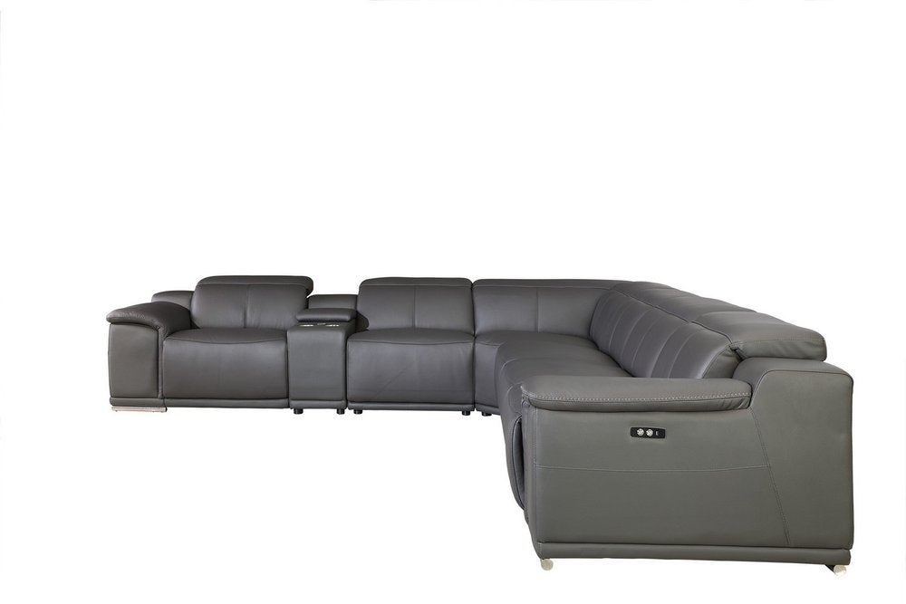 Gray Italian Leather Power Reclining U Shaped Seven Piece Corner Sectional with Console