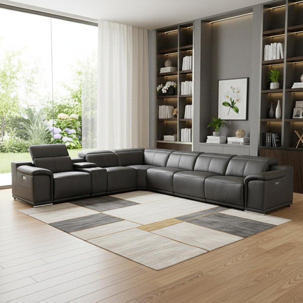 Gray Italian Leather Power Reclining U Shaped Seven Piece Corner Sectional with Console