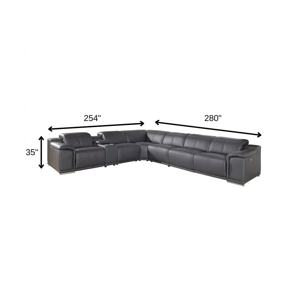 Gray Italian Leather Power Reclining U Shaped Seven Piece Corner Sectional with Console