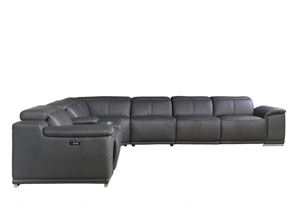 Gray Italian Leather Power Reclining U Shaped Seven Piece Corner Sectional with Console