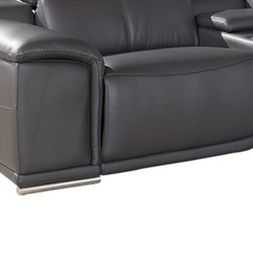 Gray Italian Leather Power Reclining U Shaped Seven Piece Corner Sectional with Console