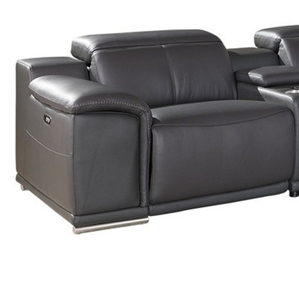 Gray Italian Leather Power Reclining U Shaped Seven Piece Corner Sectional with Console