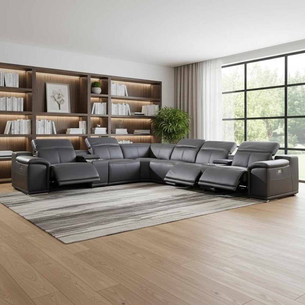 Gray Italian Leather Power Reclining U Shaped Eight Piece Corner Sectional with Console