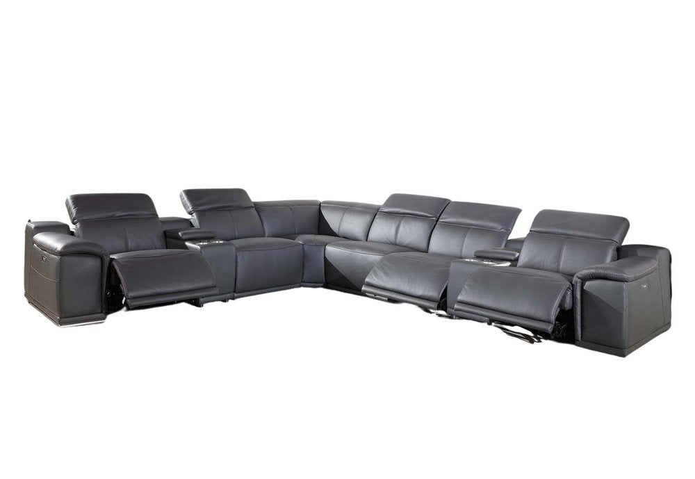Gray Italian Leather Power Reclining U Shaped Eight Piece Corner Sectional with Console